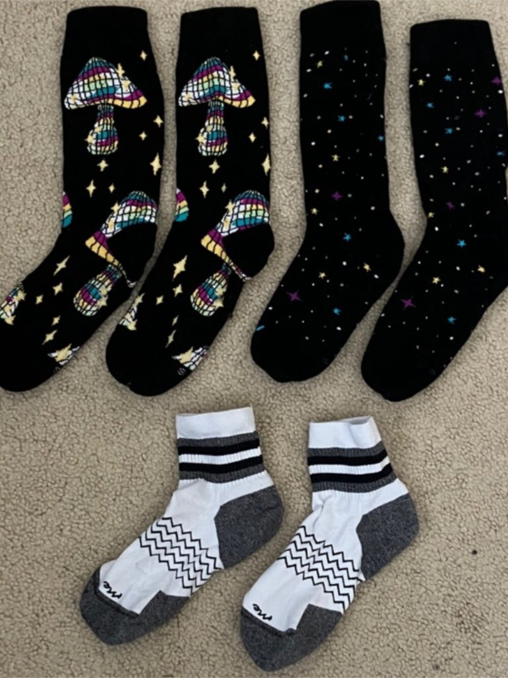 MeUndies Sock Bundle of 3 Crew & Quarter, galaxy stars, mushrooms, disco, cotton